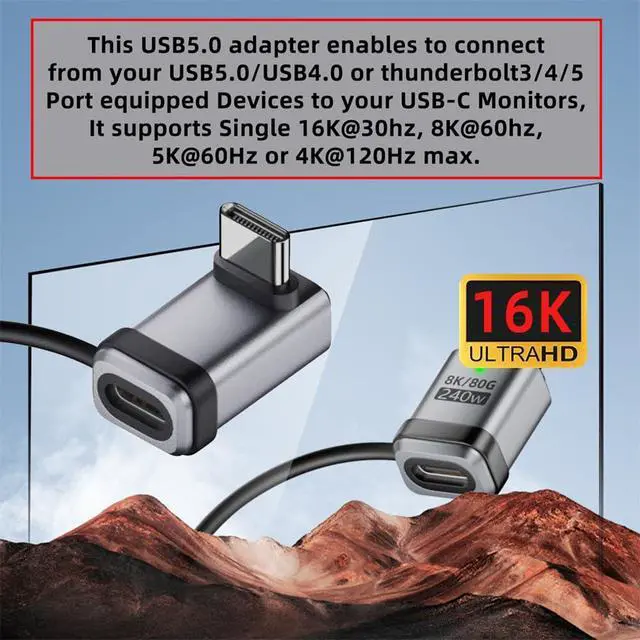 Alt view image 2 of 7 - Adapter 90 Degree USB5.0 80Gbps Male to Female Up Down Angled Extension Adapter with Lanyard Keychain 240W 16K 8K 5K Compatible with USB4.0 Thunderbolt3/4/5
