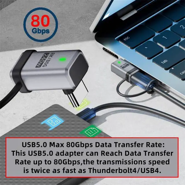 Alt view image 7 of 7 - Adapter 90 Degree USB5.0 80Gbps Male to Female Up Down Angled Extension Adapter with Lanyard Keychain 240W 16K 8K 5K Compatible with USB4.0 Thunderbolt3/4/5