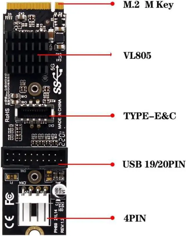 Alt view image 6 of 7 - 5Gbps Type-E USB 3.1 Front Panel Socket & USB 2.0 to NVME NGFF M-Key Express Card VL805 Adapter for Motherboard