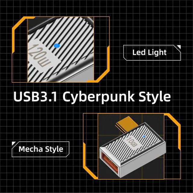 Alt view image 3 of 7 - USB-C USB 3.1 Type C Male to USB 3.0 A Female 10Gbps OTG Data 120W Power Left Right Angled Adapter Alloy Shell Mecha Cyberpunk Style