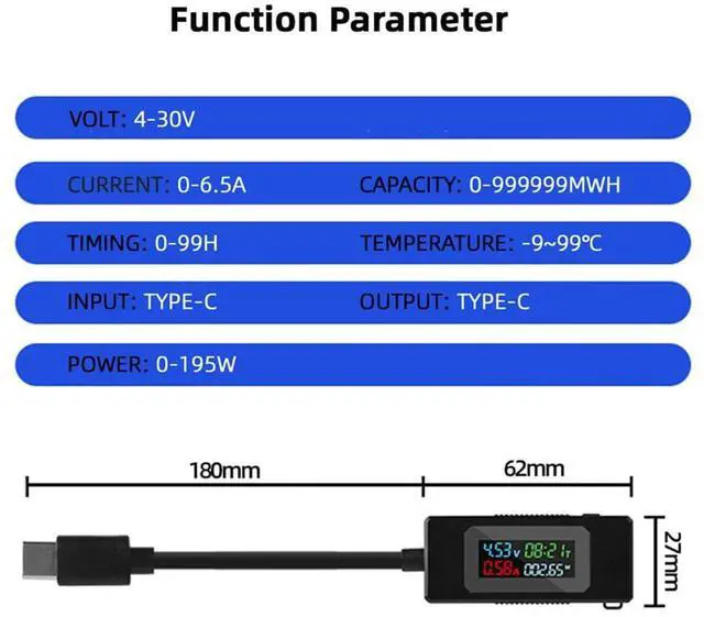 Alt view image 2 of 7 - Adapter Type-C Voltage Current Power Capacity, Working Time Ammeter Voltmeter USB Cable Charger Detector USB-C Tester 4-30V 0-6.5A Digital Multimeter