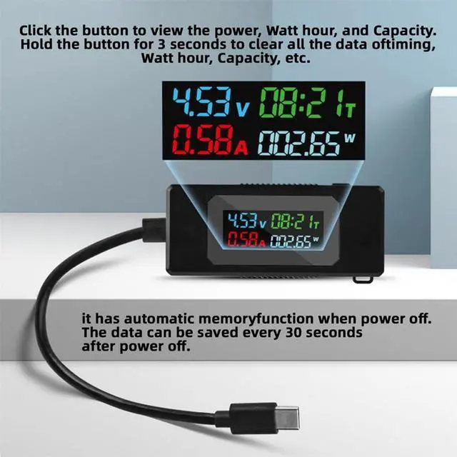 Alt view image 5 of 7 - Adapter Type-C Voltage Current Power Capacity, Working Time Ammeter Voltmeter USB Cable Charger Detector USB-C Tester 4-30V 0-6.5A Digital Multimeter