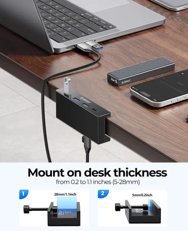Alt view image 4 of 6 - Aluminum USB 3.0 Hub with 5V Power Plug, 4 Port 5Gbps USB Splitter with 3 Type A 3.0 and 1 Type C 3.0, 100cm Cable (C to A/C) for Monitors, Desks