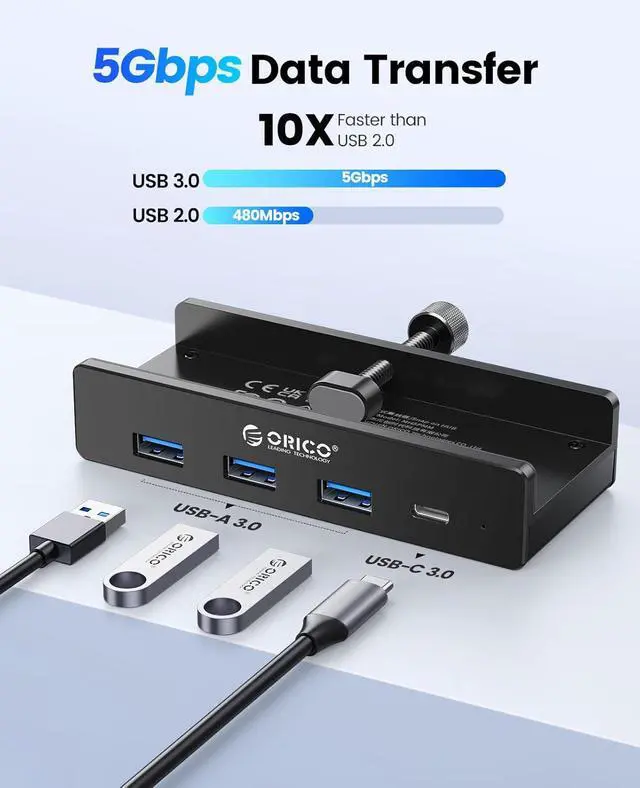 Alt view image 6 of 6 - Aluminum USB 3.0 Hub with 5V Power Plug, 4 Port 5Gbps USB Splitter with 3 Type A 3.0 and 1 Type C 3.0, 100cm Cable (C to A/C) for Monitors, Desks