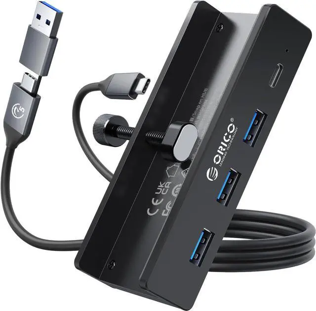 Main image of Aluminum USB 3.0 Hub with 5V Power Plug, 4 Port 5Gbps USB Splitter with 3 Type A 3.0 and 1 Type C 3.0, 100cm Cable (C to A/C) for Monitors, Desks