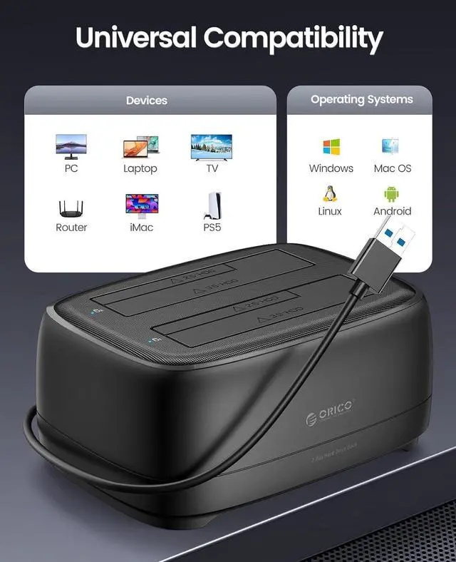 Alt view image 5 of 7 - 3.5" Dual Bay USB 3.0 Hard Drive Docking Station for 2.5/3.5" SATA HDD/SSSD HDD Supports UASP and 20TB Drives (DD28U3)