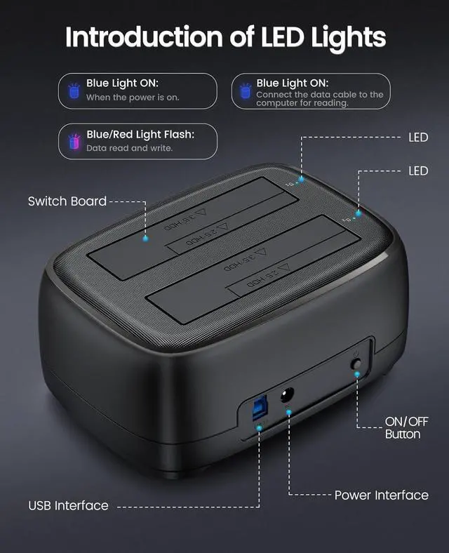 Alt view image 4 of 7 - 3.5" Dual Bay USB 3.0 Hard Drive Docking Station for 2.5/3.5" SATA HDD/SSSD HDD Supports UASP and 20TB Drives (DD28U3)