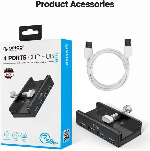 Alt view image 3 of 7 - USB Hub Clip Type 4 Ports USB 3.0 5Gbps Mini Aluminum Data Hub with 150cm Cable (A to A, White) for Monitors, Desktops (No Power Connection) Black