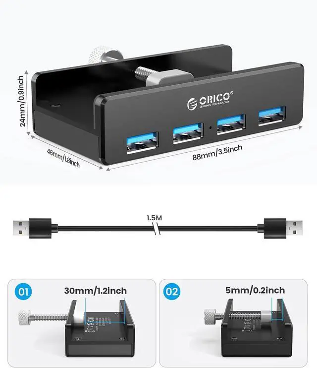 Alt view image 6 of 7 - USB Hub Clip Type 4 Ports USB 3.0 5Gbps Mini Aluminum Data Hub with 150cm Cable (A to A, White) for Monitors, Desktops (No Power Connection) Black