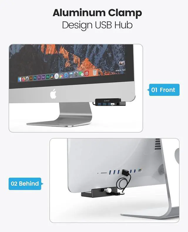 Alt view image 4 of 7 - USB Hub Clip Type 4 Ports USB 3.0 5Gbps Mini Aluminum Data Hub with 150cm Cable (A to A, White) for Monitors, Desktops (No Power Connection) Black