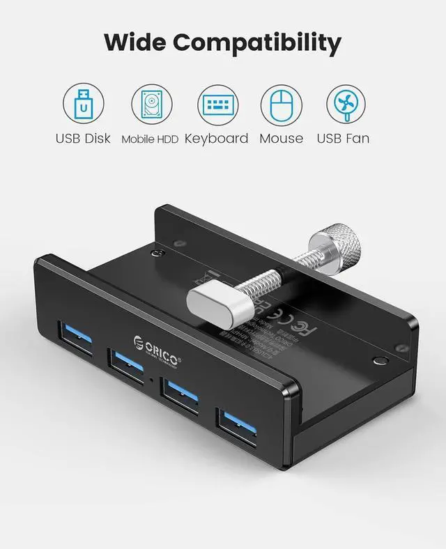 Alt view image 7 of 7 - USB Hub Clip Type 4 Ports USB 3.0 5Gbps Mini Aluminum Data Hub with 150cm Cable (A to A, White) for Monitors, Desktops (No Power Connection) Black