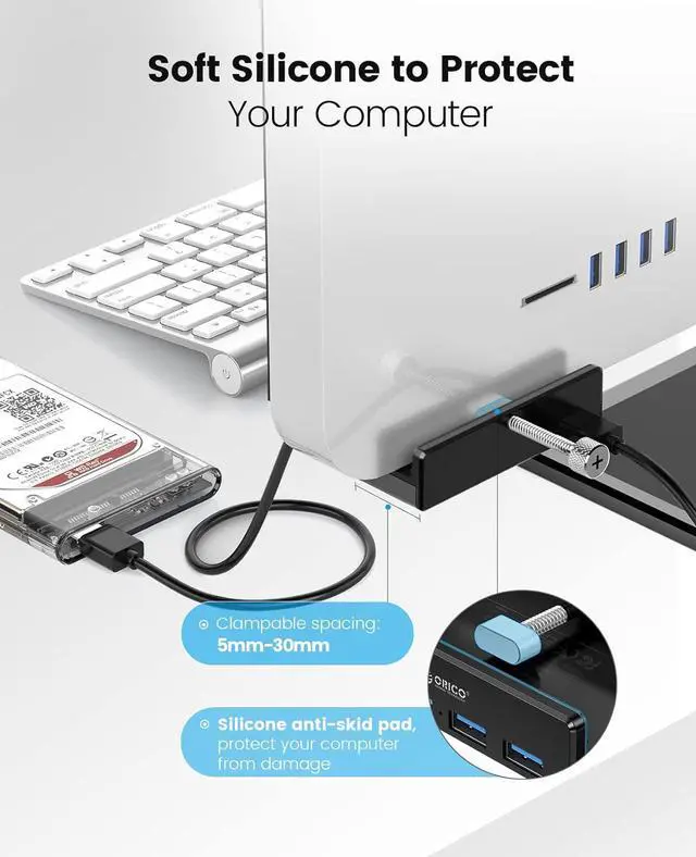 Alt view image 2 of 7 - USB Hub Clip Type 4 Ports USB 3.0 5Gbps Mini Aluminum Data Hub with 150cm Cable (A to A, White) for Monitors, Desktops (No Power Connection) Black