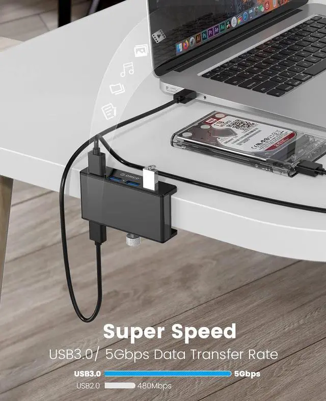 Alt view image 5 of 7 - USB Hub Clip Type 4 Ports USB 3.0 5Gbps Mini Aluminum Data Hub with 150cm Cable (A to A, White) for Monitors, Desktops (No Power Connection) Black