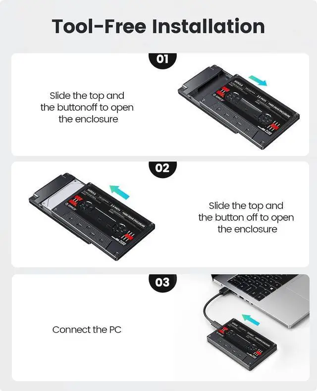 Alt view image 2 of 7 - Tape-Retro 2.5 Inch USB3.1 to SATA Hard Drive Adapter for 7/9.5 mm SSD Hard Drive, Supports UASP and Capacity up to 6TB, Black (2580C3-V1-BK)