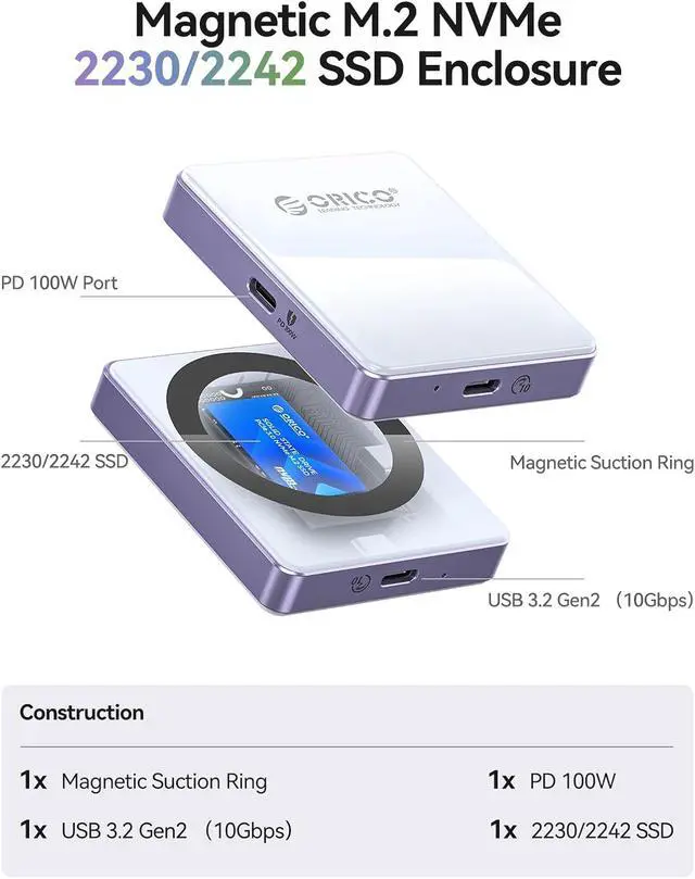 Alt view image 7 of 7 - 2230/2242 M.2 NVMe SSD Enclosure with Magnetic Kit, 10Gbps USB 3.2 Gen 2 NVMe Adapter with Protective Case and Lanyard, PD 100W up to 2TB Compatible with iPhone 15 16 Pro/Pro Max ProRes