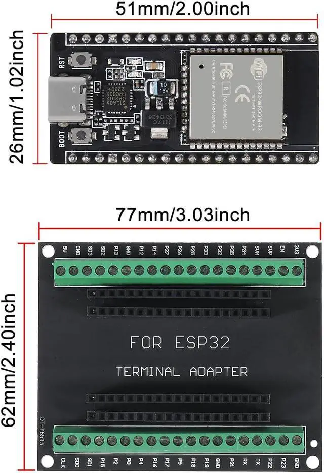 Alt view image 5 of 7 - 2Sets USB C 38 Pin ESP32 ESP-32D ESP-WROOM-32 CP2012 WiFi+Bluetooth Dual Core Type-C Interface ESP32-DevKitC-32 Development Board Module with ESP32 Breakout Board Shield Terminal Adapter