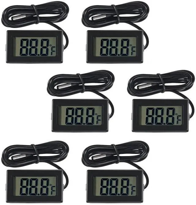 Main image of 6-Pack TPM-10 Fahrenheit() Digital Thermometer Wired for Car Greenhouse Indicator Indoor Room Freezer Refrigerator Aquarium with 1M Waterproof NTC Probe (Black)