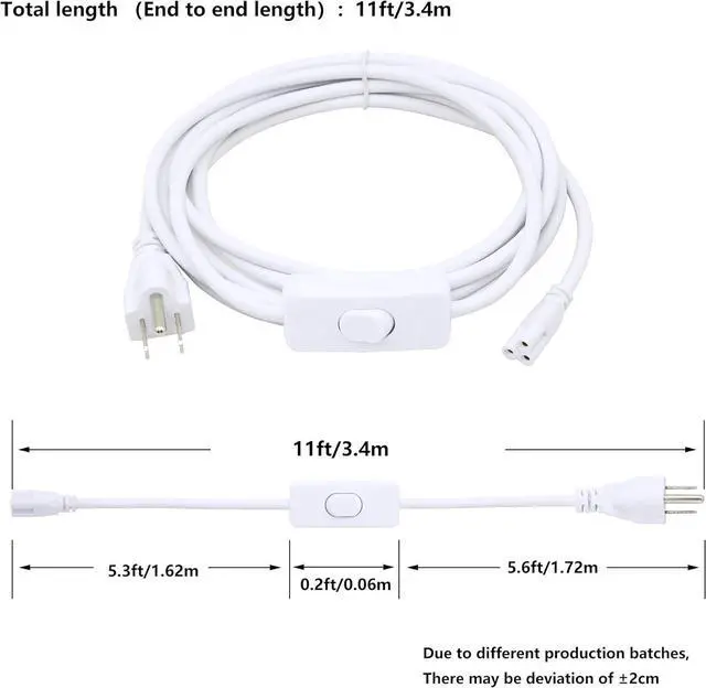 Alt view image 6 of 7 - 11FT US Plug Power Cords with On/Off Switch - 3-Core LED Integrated Lights Connector Power Cable for LED T5 T8 Light Tube Fixture Extension Cable (3.4m US SW)