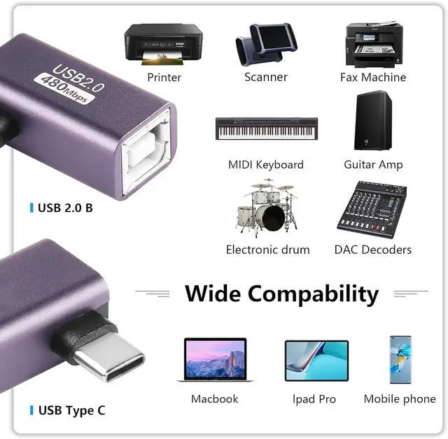 Alt view image 6 of 6 - 2 Pack USB C to USB B Adapter Type C to MIDI Convert Connector Type C Male to USB B Female Printer Adapter for Eectric Piano DAC,Synthesizer,DJ Controller,Keyboard,Printer (90 Degree)