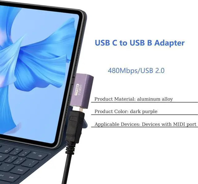 Alt view image 2 of 6 - 2 Pack USB C to USB B Adapter Type C to MIDI Convert Connector Type C Male to USB B Female Printer Adapter for Eectric Piano DAC,Synthesizer,DJ Controller,Keyboard,Printer (90 Degree)