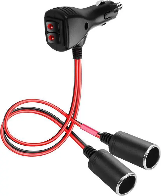 Main image of 12V Car Cigarette Lighter Splitter Adapter with 2 Independent Switches 16AWG Cigarette Lighter 1 Male to 2 Female Sockets Y Splitter Power Cable with 15A Fuse 0.3M/1FT