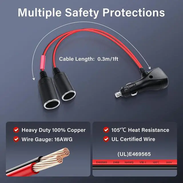 Alt view image 4 of 7 - 12V Car Cigarette Lighter Splitter Adapter with 2 Independent Switches 16AWG Cigarette Lighter 1 Male to 2 Female Sockets Y Splitter Power Cable with 15A Fuse 0.3M/1FT