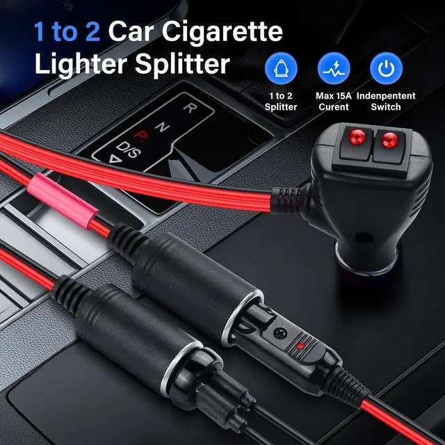 Alt view image 2 of 7 - 12V Car Cigarette Lighter Splitter Adapter with 2 Independent Switches 16AWG Cigarette Lighter 1 Male to 2 Female Sockets Y Splitter Power Cable with 15A Fuse 0.3M/1FT