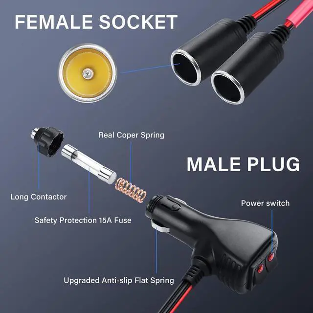 Alt view image 6 of 7 - 12V Car Cigarette Lighter Splitter Adapter with 2 Independent Switches 16AWG Cigarette Lighter 1 Male to 2 Female Sockets Y Splitter Power Cable with 15A Fuse 0.3M/1FT