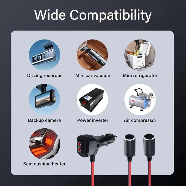 Alt view image 5 of 7 - 12V Car Cigarette Lighter Splitter Adapter with 2 Independent Switches 16AWG Cigarette Lighter 1 Male to 2 Female Sockets Y Splitter Power Cable with 15A Fuse 0.3M/1FT