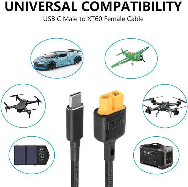 Alt view image 7 of 7 - Type C to XT60 Charging Cable 39.3inch USB C to XT60 Female Adapter Cable for Drone, Model, Energy Storage Power, Outdoor Power, Solar Battery,etc 20V/5A Protocol PD2.0 PD3.0 QC2.0(1M/F)