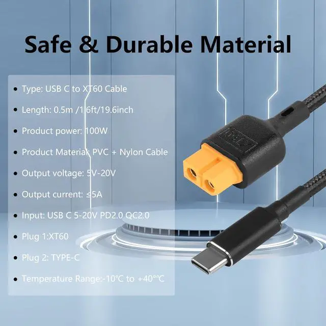 Alt view image 3 of 7 - Type C to XT60 Charging Cable 39.3inch USB C to XT60 Female Adapter Cable for Drone, Model, Energy Storage Power, Outdoor Power, Solar Battery,etc 20V/5A Protocol PD2.0 PD3.0 QC2.0(1M/F)