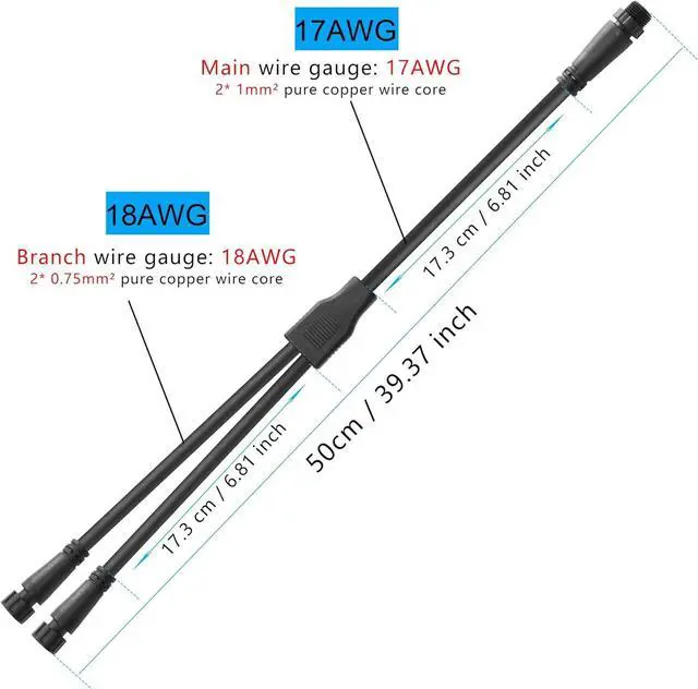 Alt view image 2 of 7 - Small Size 2 Wire Waterproof Connector Y Splitter Cable M12 2 Pin Electrical 1 Male to 2 Female Extension Cable 18AWG IP68, for Indoor/Outdoor LED Strip Lights,50CM(1 Male to 2 Female)