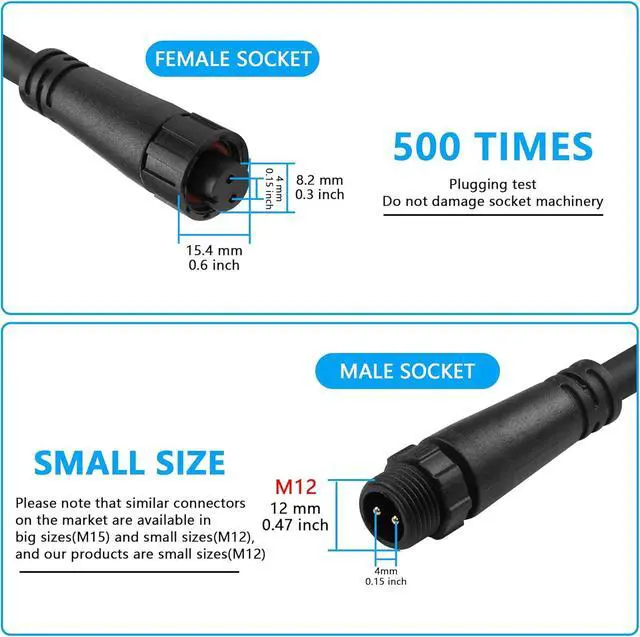 Alt view image 7 of 7 - Small Size 2 Wire Waterproof Connector Y Splitter Cable M12 2 Pin Electrical 1 Male to 2 Female Extension Cable 18AWG IP68, for Indoor/Outdoor LED Strip Lights,50CM(1 Male to 2 Female)