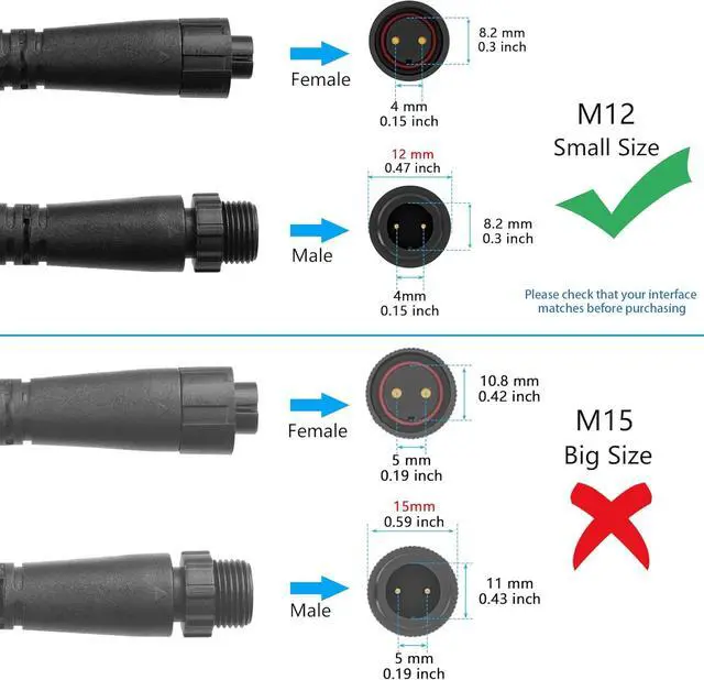 Alt view image 3 of 7 - Small Size 2 Wire Waterproof Connector Y Splitter Cable M12 2 Pin Electrical 1 Male to 2 Female Extension Cable 18AWG IP68, for Indoor/Outdoor LED Strip Lights,50CM(1 Male to 2 Female)