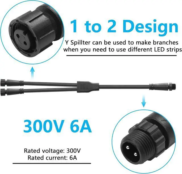 Alt view image 5 of 7 - Small Size 2 Wire Waterproof Connector Y Splitter Cable M12 2 Pin Electrical 1 Male to 2 Female Extension Cable 18AWG IP68, for Indoor/Outdoor LED Strip Lights,50CM(1 Male to 2 Female)