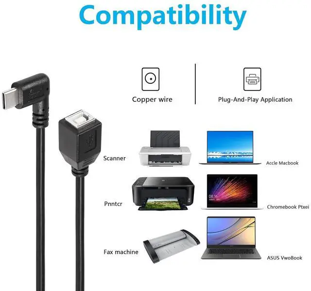 Alt view image 5 of 6 - USB C Printer Cable, USB C to USB B Printer Cable, USB B 2.0 Female to USB C Male 90 Degree Printer Cable for Printers,Scanner,MIDI Controller DJ Controller(I 0.3M)