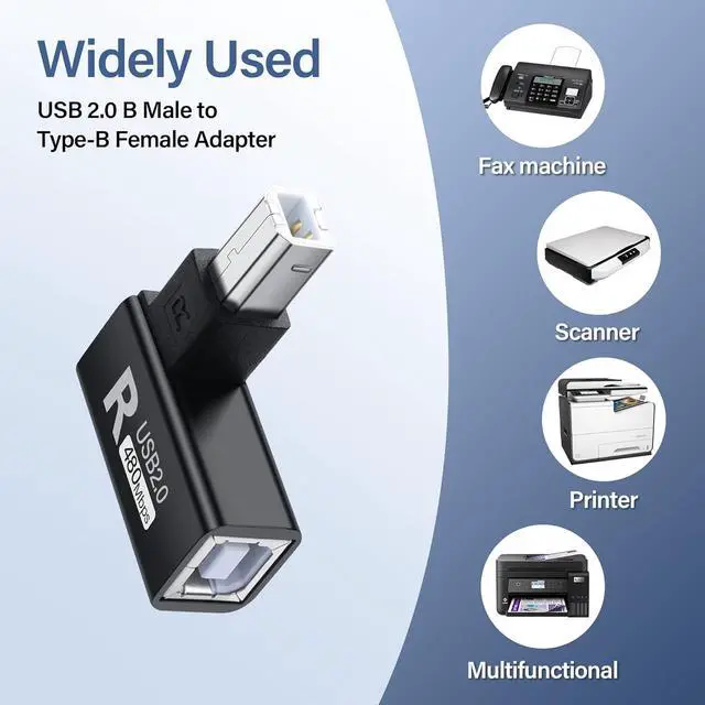Alt view image 5 of 7 - USB 2.0 Type B Printer Adapter 90 Degree Type B Male to Female Converter MIDI Extender USB 2.0 Printer Connector for Printer, Scanner, Mixer, 2pcs (Black) (R)