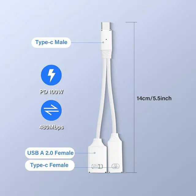 Alt view image 3 of 7 - USB C to USB OTG Adapter 1 in 2 Splitter USB C Male to USB A Female with 100W PD Charging Cable Type C OTG Female for Smartphone, Tablet, Laptop, etc