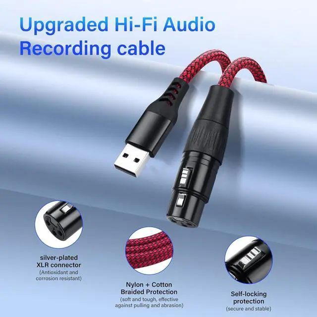 Alt view image 7 of 7 - XLR to USB Microphone Cable 3-Pin XLR Female to USB-A Adapter 2m/6.5FT Braided Audio Cable for PC,Recording Device Connection