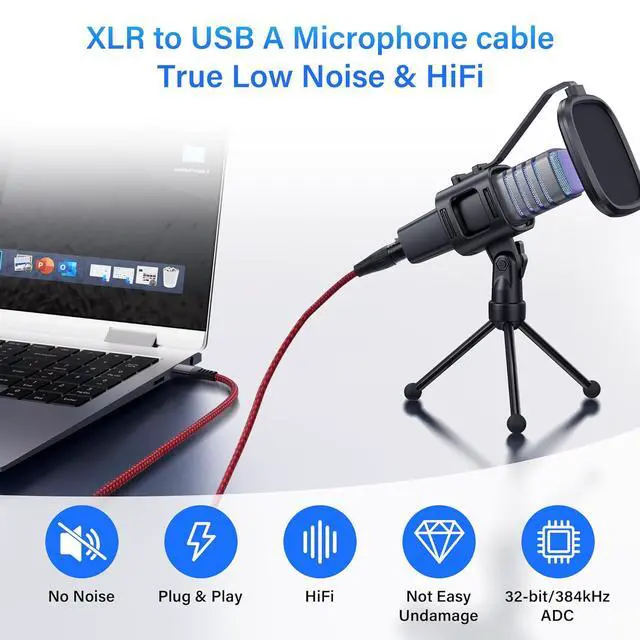 Alt view image 6 of 7 - XLR to USB Microphone Cable 3-Pin XLR Female to USB-A Adapter 2m/6.5FT Braided Audio Cable for PC,Recording Device Connection