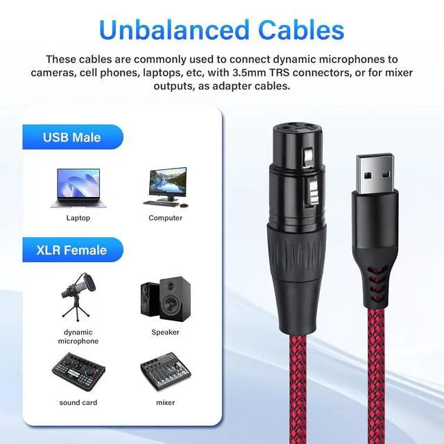 Alt view image 3 of 7 - XLR to USB Microphone Cable 3-Pin XLR Female to USB-A Adapter 2m/6.5FT Braided Audio Cable for PC,Recording Device Connection