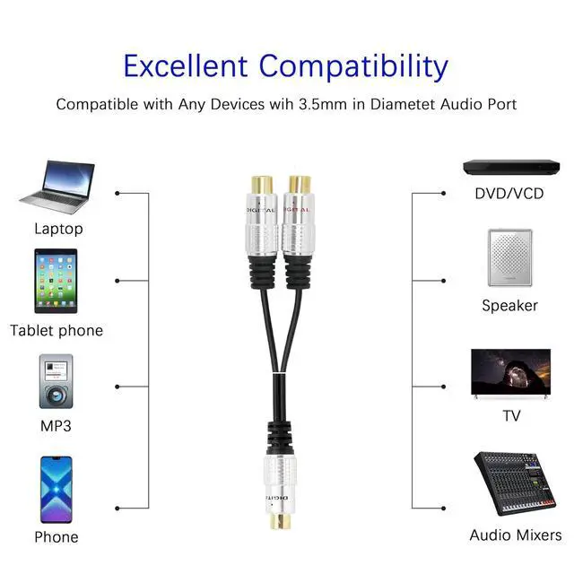 Alt view image 3 of 7 - Aluminium Alloy RCA Y-Splitter, Single to Dual RCA Digital Coaxial Splitter, Gold Plated Adapter Audio Cable