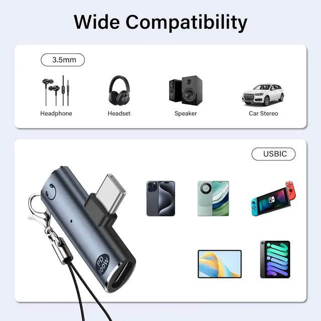 Alt view image 7 of 7 - USB C to 3.5mm Audio Adapter USB Type C to Aux Female Headphones Jack& 100W 2-in-1 PD Power Supply Adapter DAC USB C Headphone Adapter for USB C Devices Without 3.5mm Interface