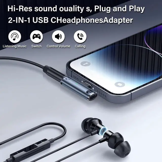 Alt view image 4 of 7 - USB C to 3.5mm Audio Adapter USB Type C to Aux Female Headphones Jack& 100W 2-in-1 PD Power Supply Adapter DAC USB C Headphone Adapter for USB C Devices Without 3.5mm Interface