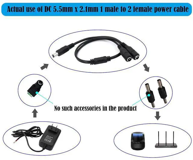 Alt view image 6 of 6 - DC Y Splitter Cable 1 Male to 2 Female,5.5mm x 2.1mm DC Power Extension Adapter Cable,for CCTV Surveillance Cameras,Surveillance Routers,DVR,and More(2PCS