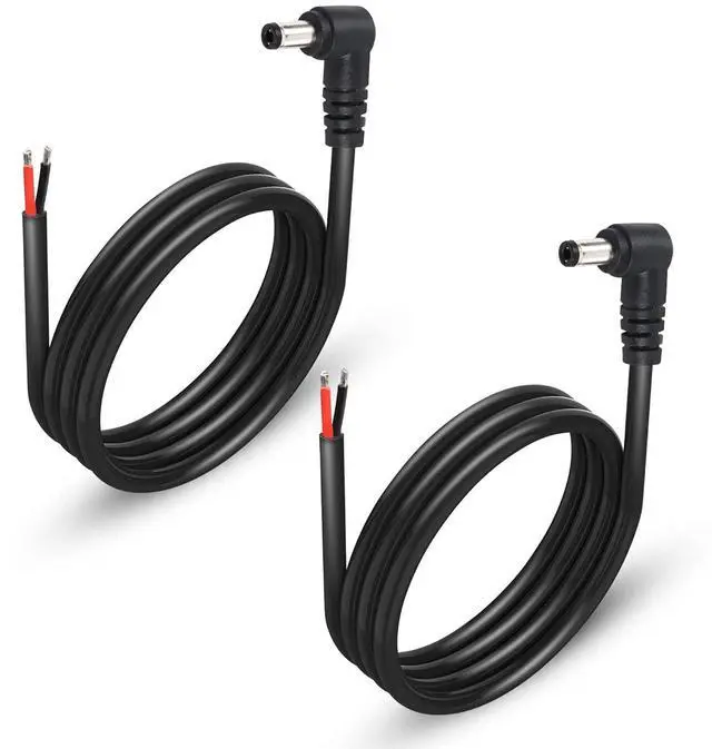 Main image of 2 Pack 90 Degree DC Power Pigtails Cable, Right Angle DC 5.5mm x 2.5mm Male Plug to Bare Wire Open End Power Supply Replacement Repair Cord, for Monitors, LED Strip Light, Camera,3FT 1m