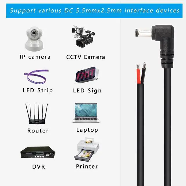 Alt view image 5 of 6 - 2 Pack 90 Degree DC Power Pigtails Cable, Right Angle DC 5.5mm x 2.5mm Male Plug to Bare Wire Open End Power Supply Replacement Repair Cord, for Monitors, LED Strip Light, Camera,3FT 1m