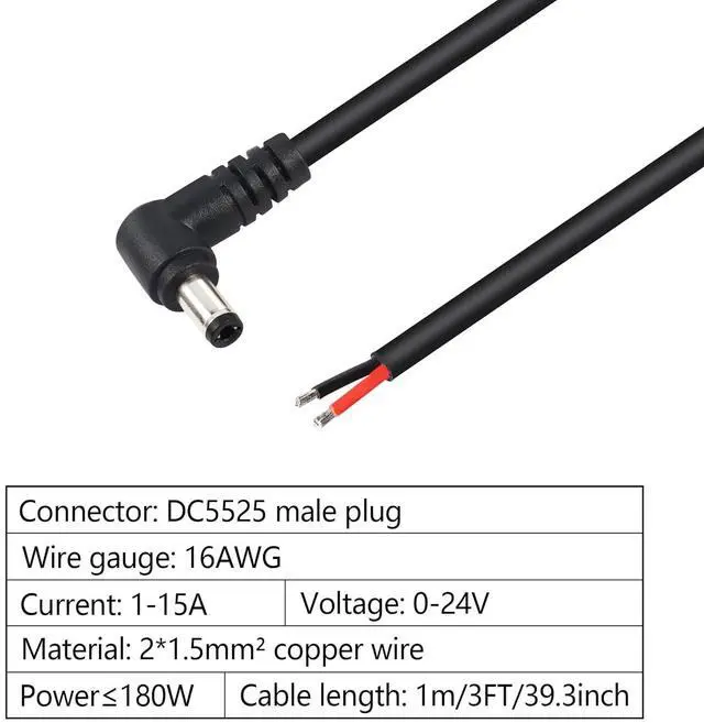 Alt view image 3 of 6 - 2 Pack 90 Degree DC Power Pigtails Cable, Right Angle DC 5.5mm x 2.5mm Male Plug to Bare Wire Open End Power Supply Replacement Repair Cord, for Monitors, LED Strip Light, Camera,3FT 1m