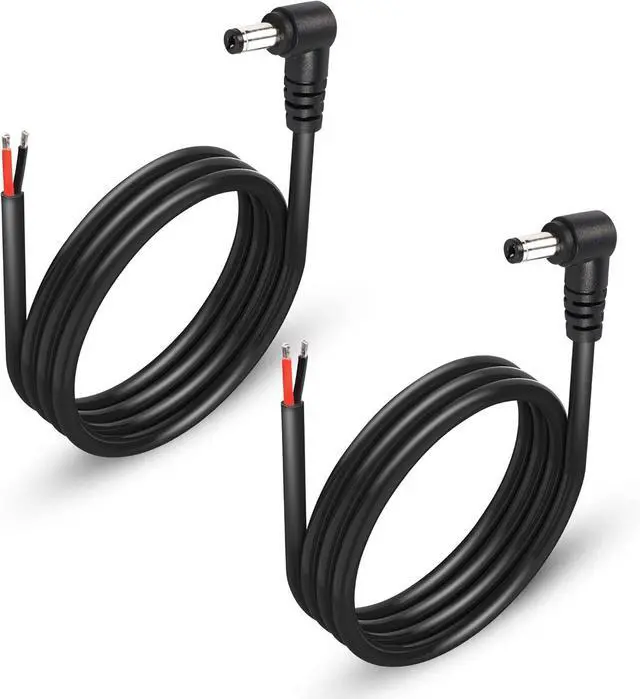 Main image of 2 Pack 90 Degree DC Power Pigtails Cable, Right Angle DC 5.5mm x 2.1mm Male Plug to Bare Wire Open End Power Supply Replacement Repair Cord, for Monitors, LED Strip Light, Camera,3FT 1m