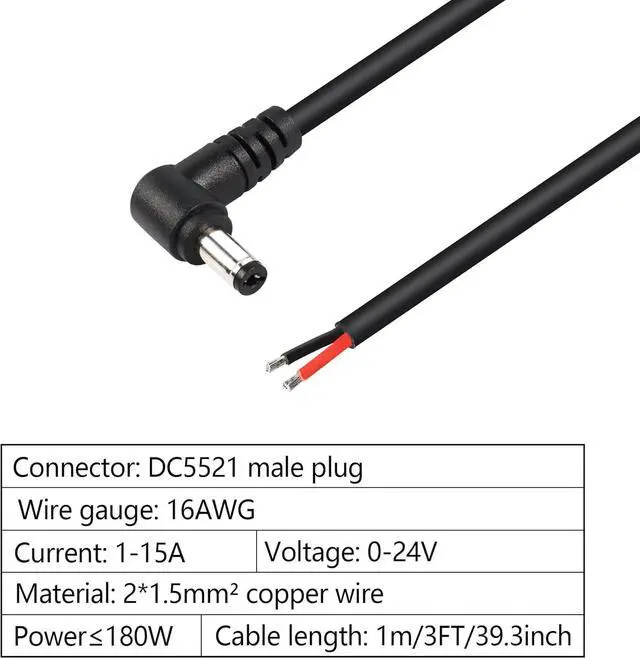 Alt view image 6 of 6 - 2 Pack 90 Degree DC Power Pigtails Cable, Right Angle DC 5.5mm x 2.1mm Male Plug to Bare Wire Open End Power Supply Replacement Repair Cord, for Monitors, LED Strip Light, Camera,3FT 1m